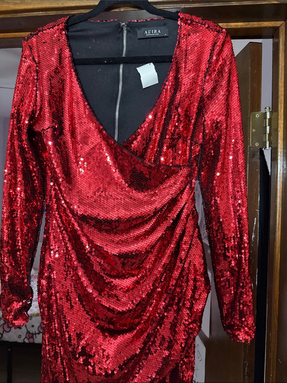 AKIRA Red Sequin V-Neck Wrap Dress